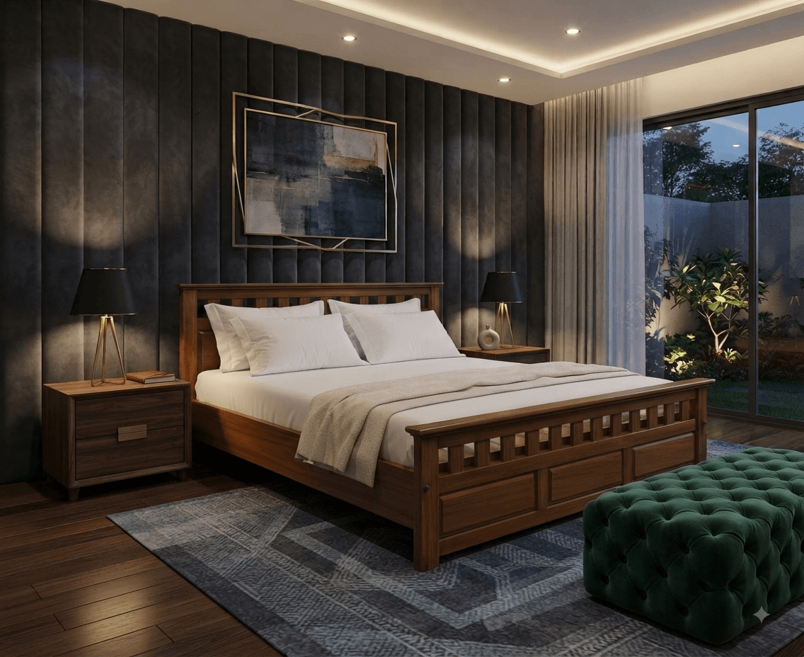 Architectural master bedroom suite with natural high-lustre finish.