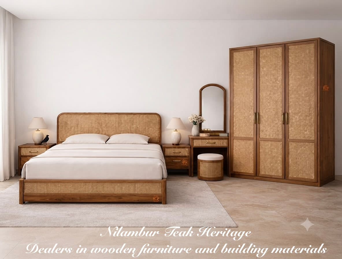 Complete Wooden Bedroom Furniture Set with Natural Rattan Accents