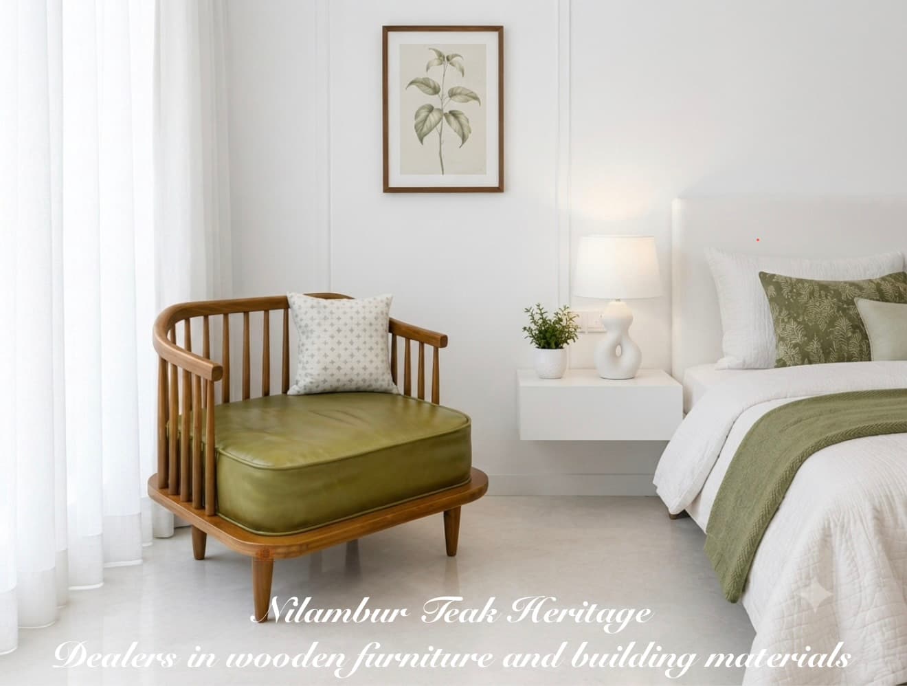Wide-Spindle Olive-Cushioned Lounge Chair