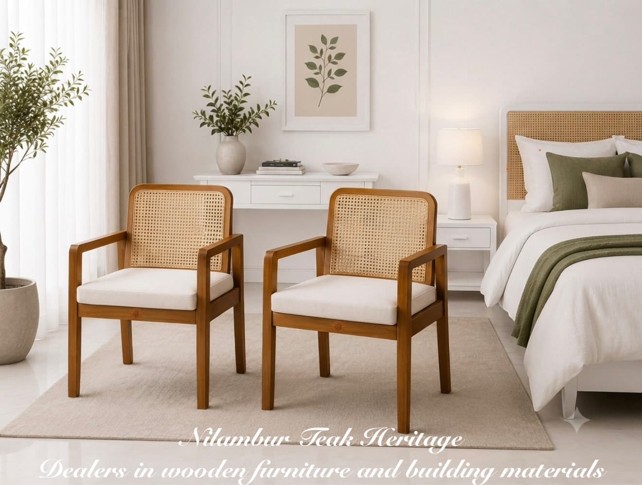 Cane-Back Upholstered Bedroom Armchair