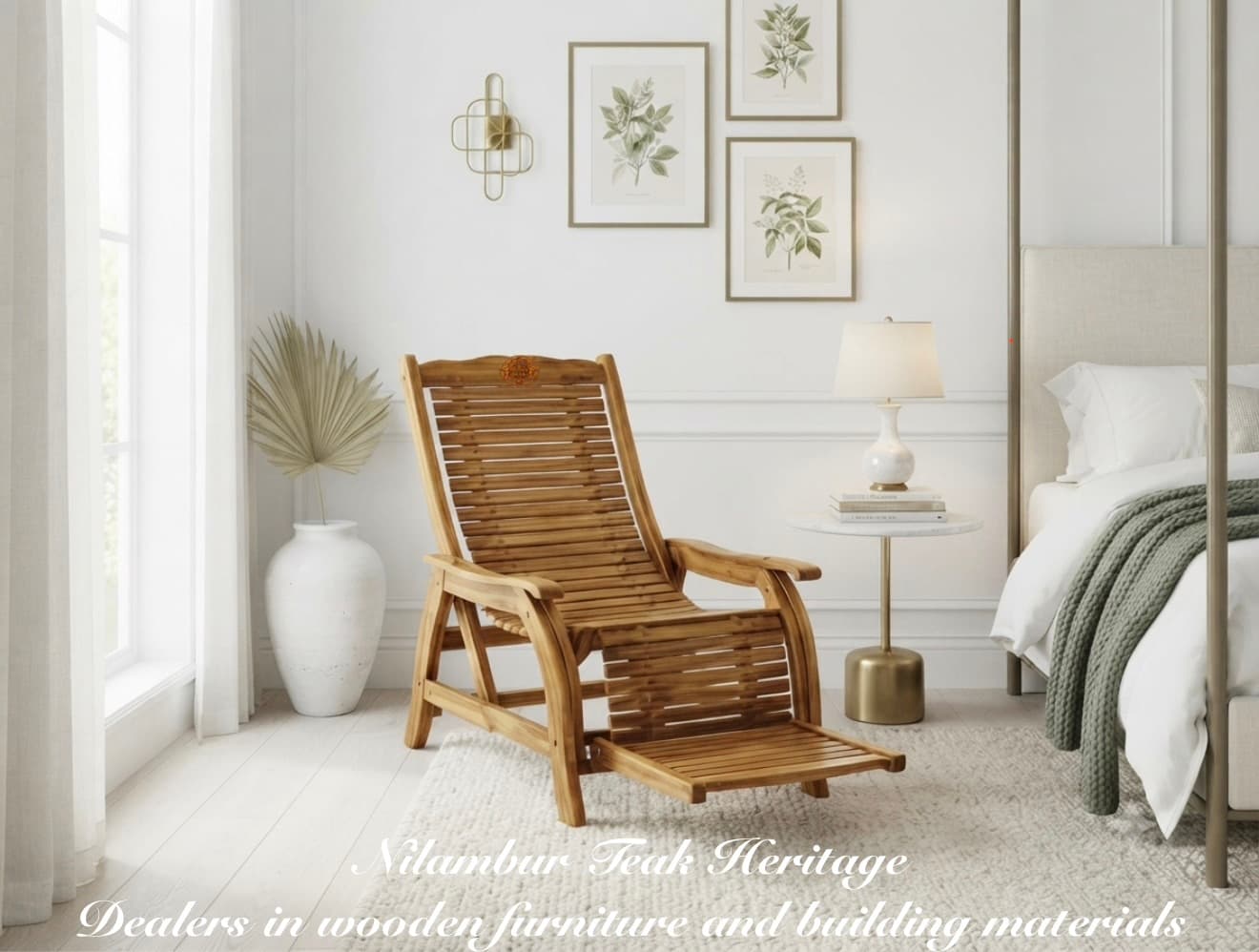 Slatted Reclining Bedroom Lounge Chair with Footrest