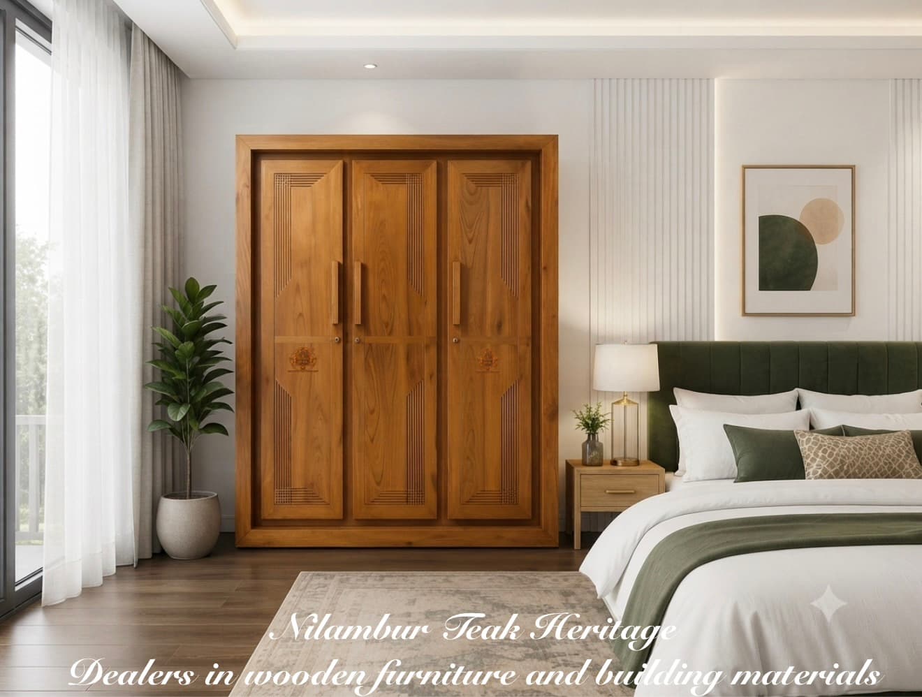Aura Living Solid Teak Wood 3-Door Wardrobe with Geometric Corner Carvings
