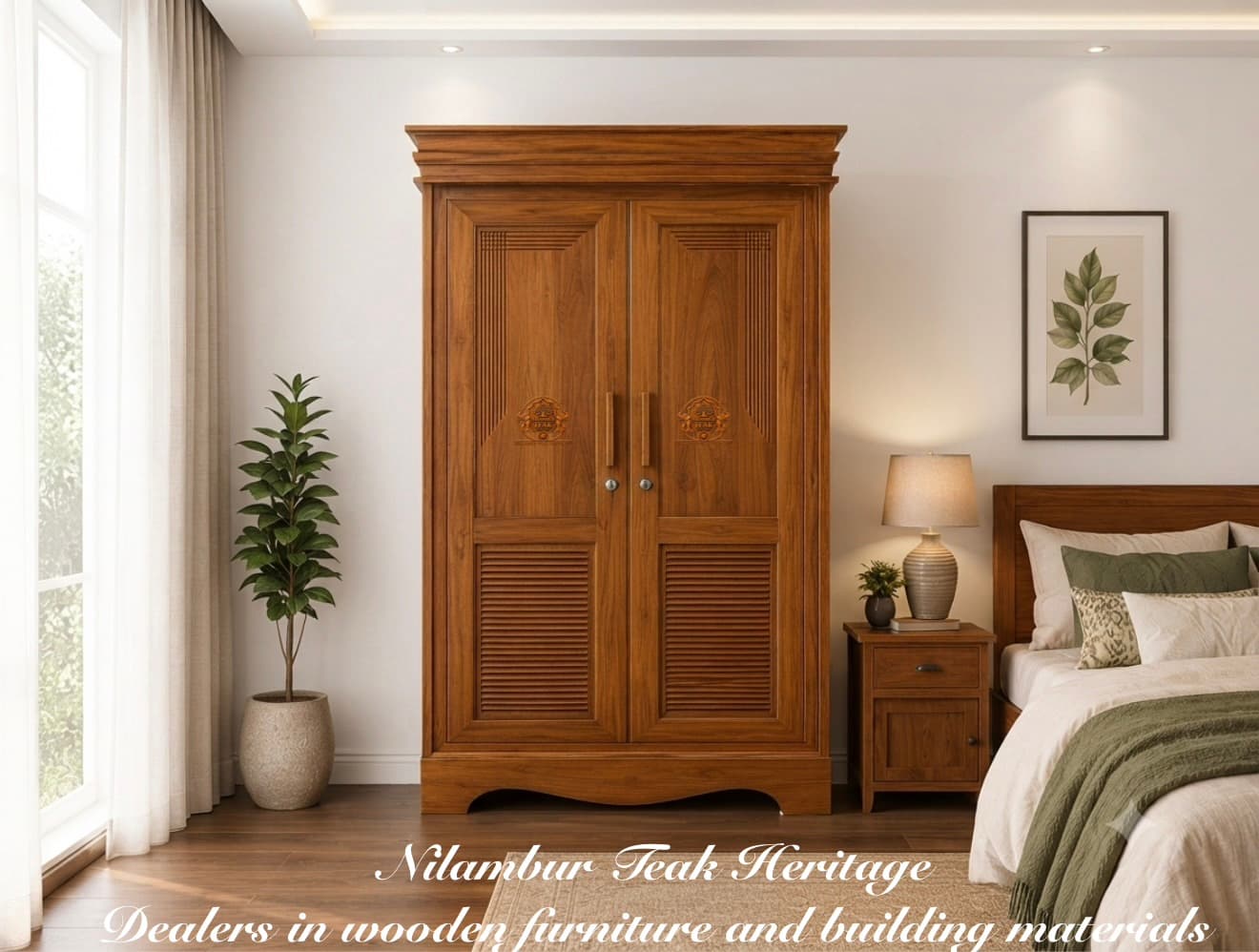 Aura Living Solid Teak Wood 2-Door Wardrobe with Louvered Lower Panels