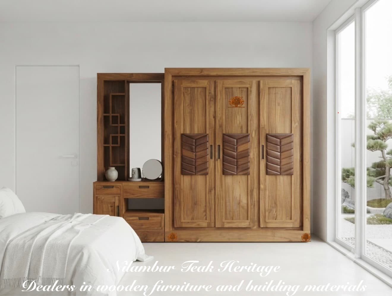Aura Living Integrated 3-Door Solid Teak Wardrobe with Chevron Rosewood Inlays and Avant-Garde Vanity Suite