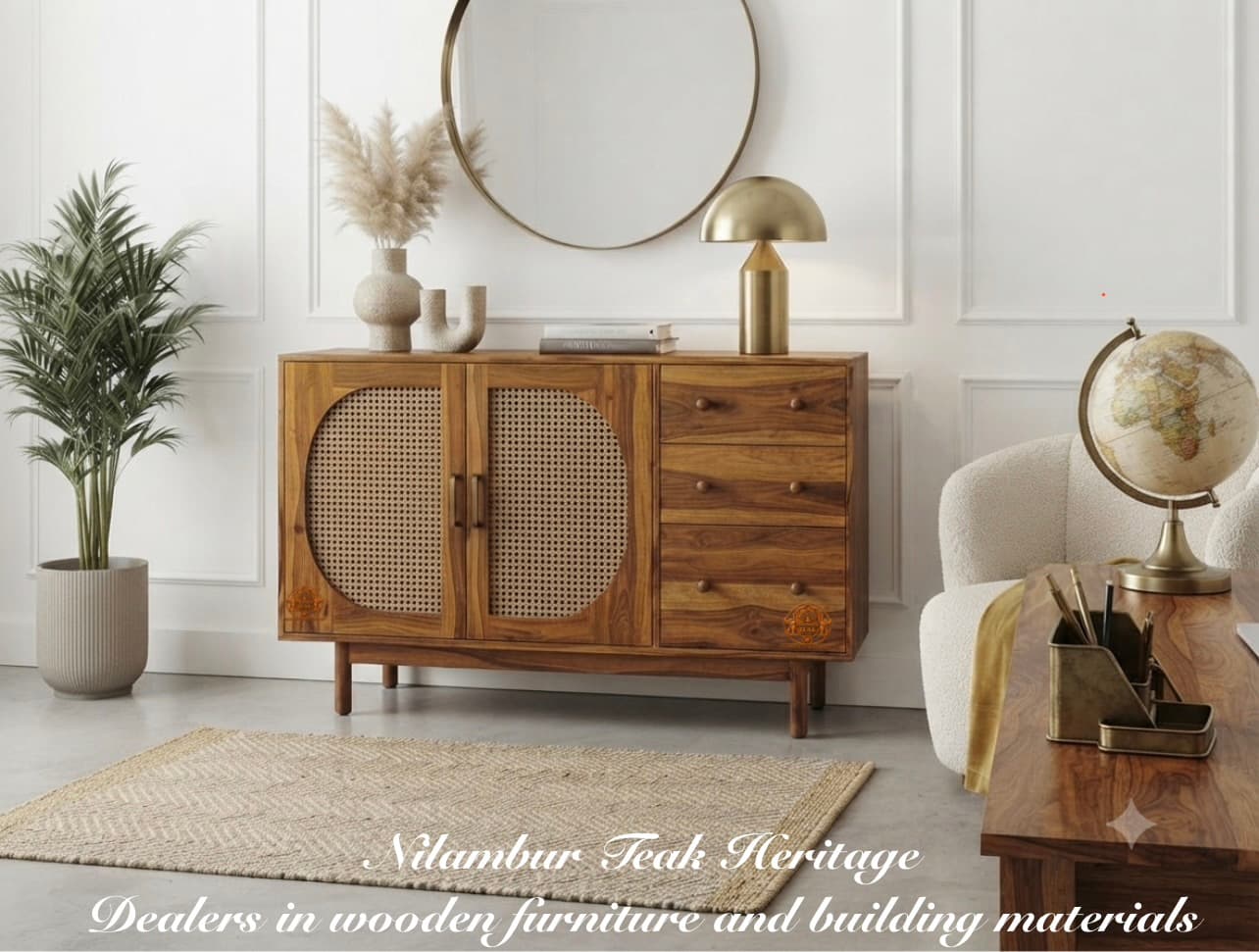 Circular-Cane Asymmetrical Credenza & Drawer Unit