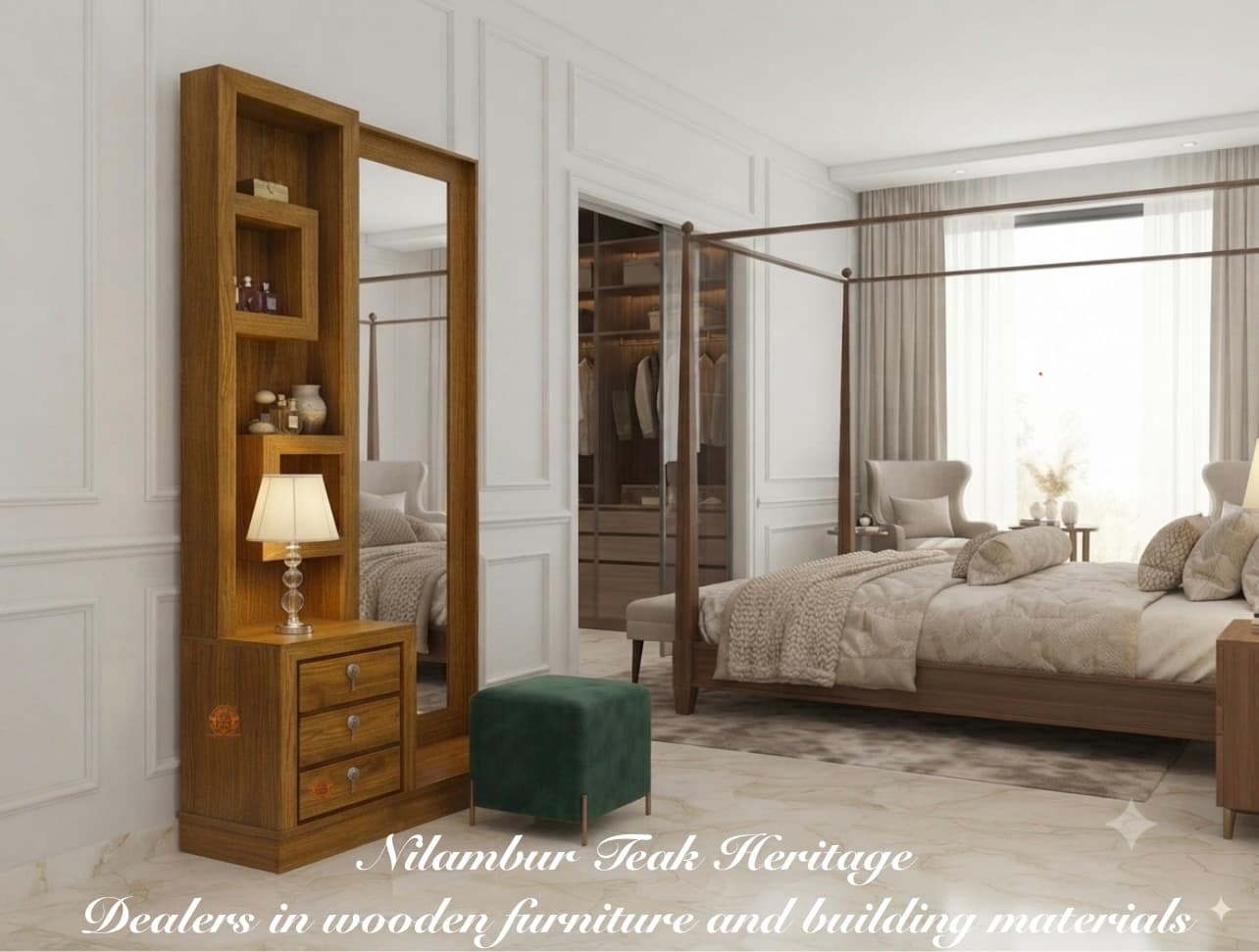 Modern Full-Length Mirror Teak Wood Dressing Table