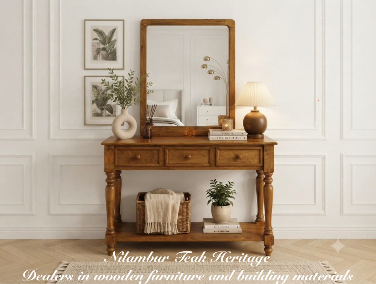 Vintage Console-Style Bedroom Dressing Table with Matching Mirror and Lower Shelf Storage