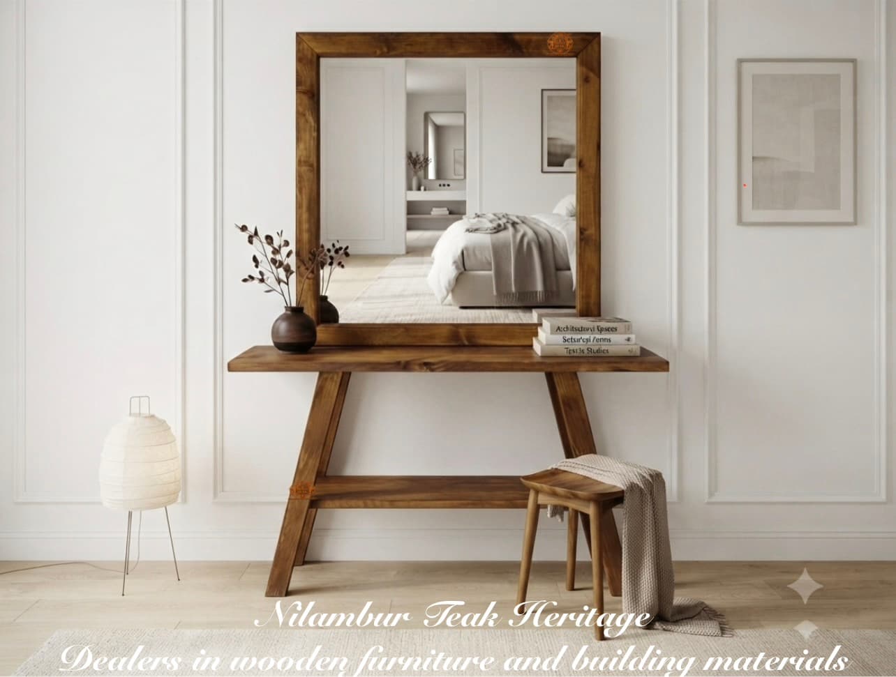 A-Frame Teak Wood Bedroom Dressing Table Set with Oversized Square Mirror and Matching Stool