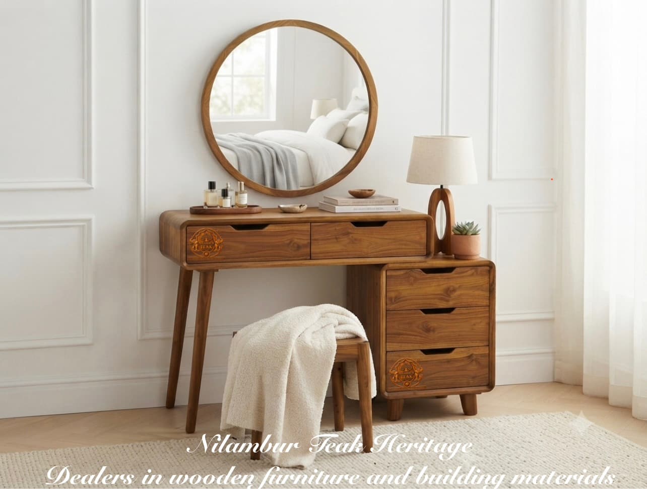 Mid-Century Modern Curved Teak Wood Dressing Table Set with Round Mirror, Side Chest, and Stool