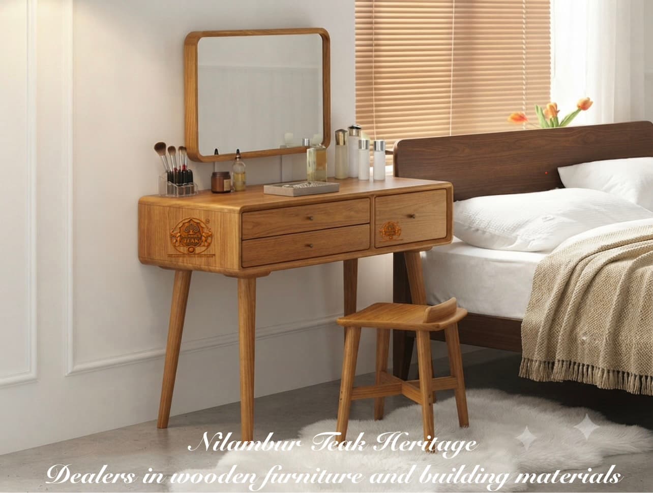 Compact Mid-Century Teak Wood Bedroom Dressing Table with Horizontal Rounded Mirror, Three-Drawer Console, and Backrest Stool