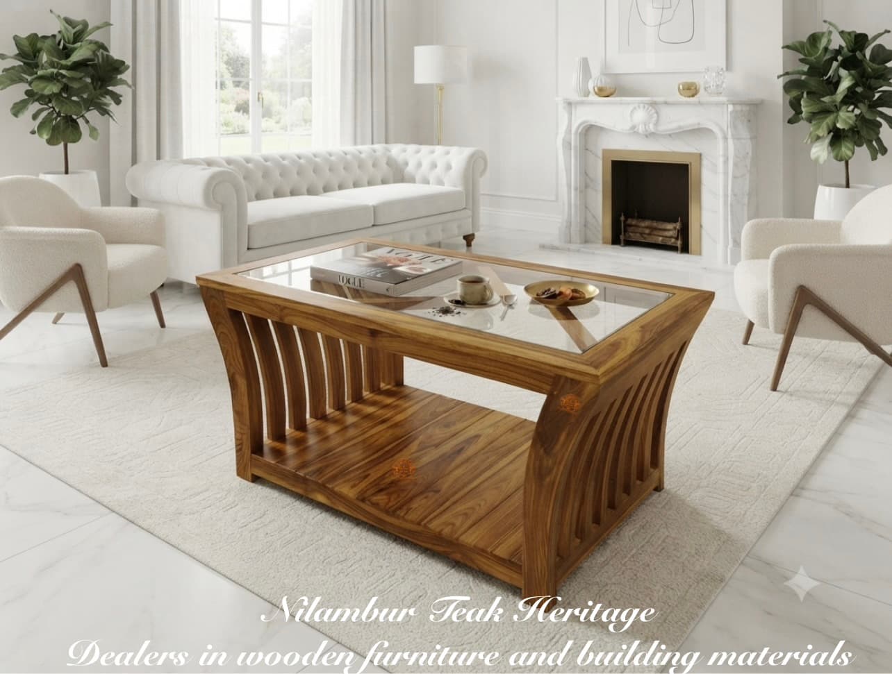 Curvilinear Slat-Side Solid Teak Wood Coffee Table with Glass Top