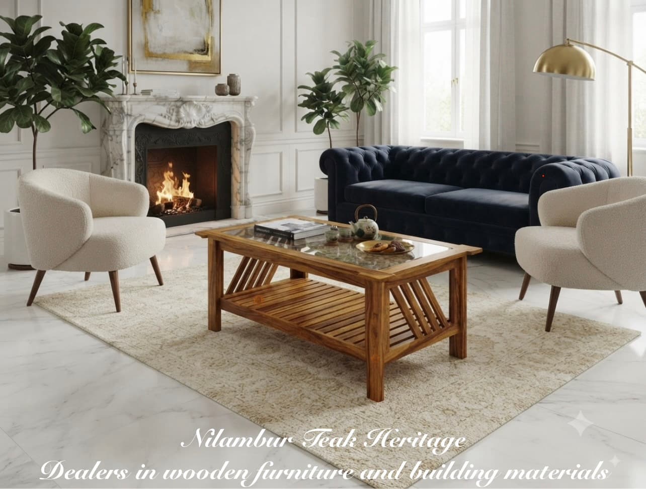 Diagonal Slat-Side Solid Teak Wood Coffee Table with Patterned Glass Top