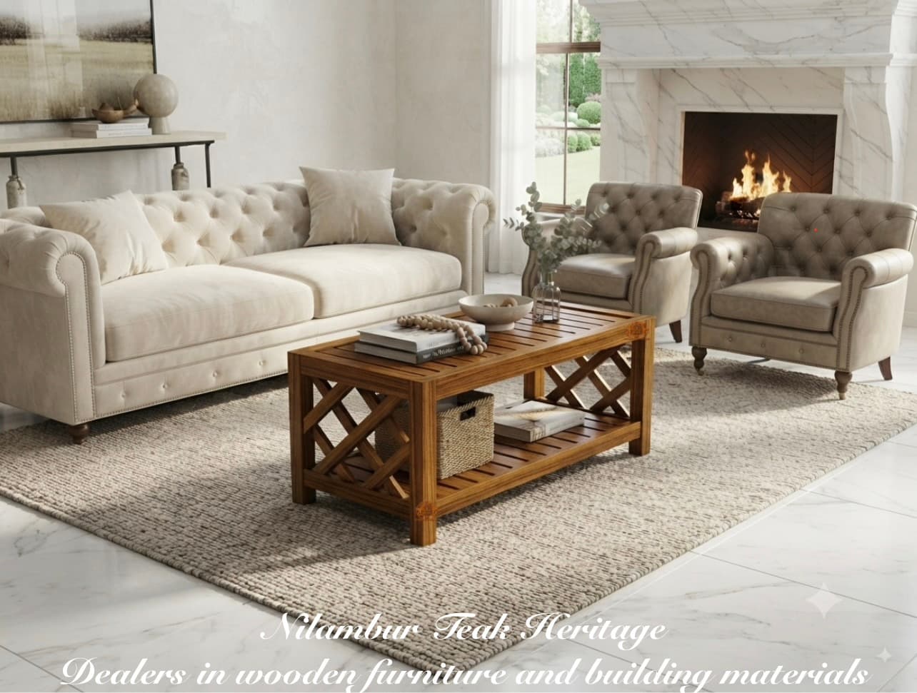 Lattice X-Side Solid Teak Wood Coffee Table with Slatted Top