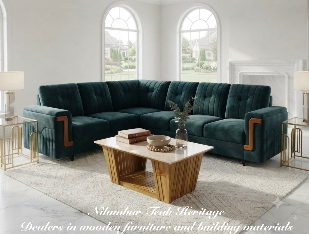 Trapezoidal Pedestal Solid Teak Wood Coffee Table with Marble-Pattern Top
