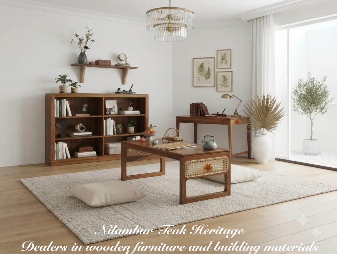 Artisanal Solid Teak Wood Study Room Bench with Cane Accents