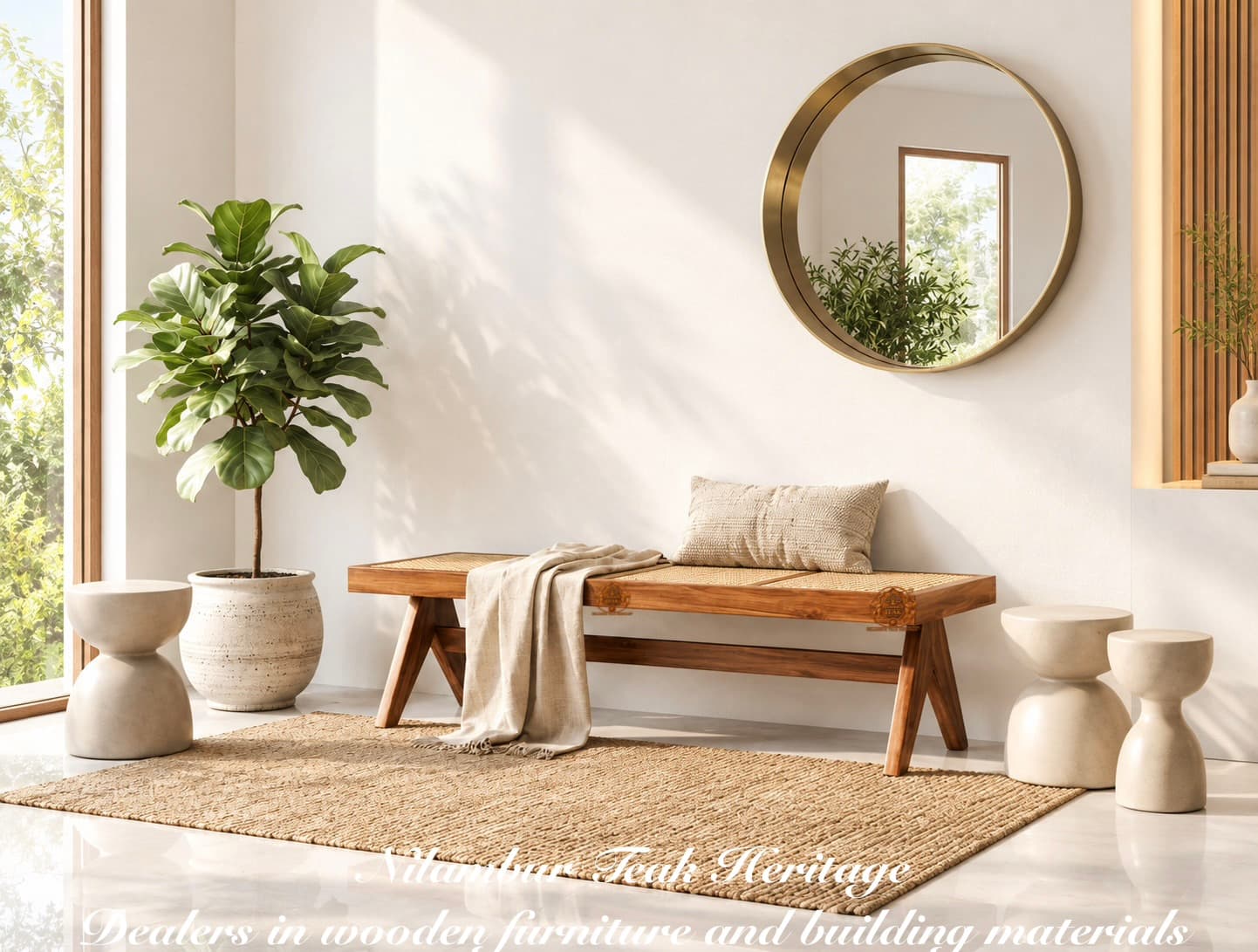 Veranda Breeze Cane-Inset Backless Teak Bench