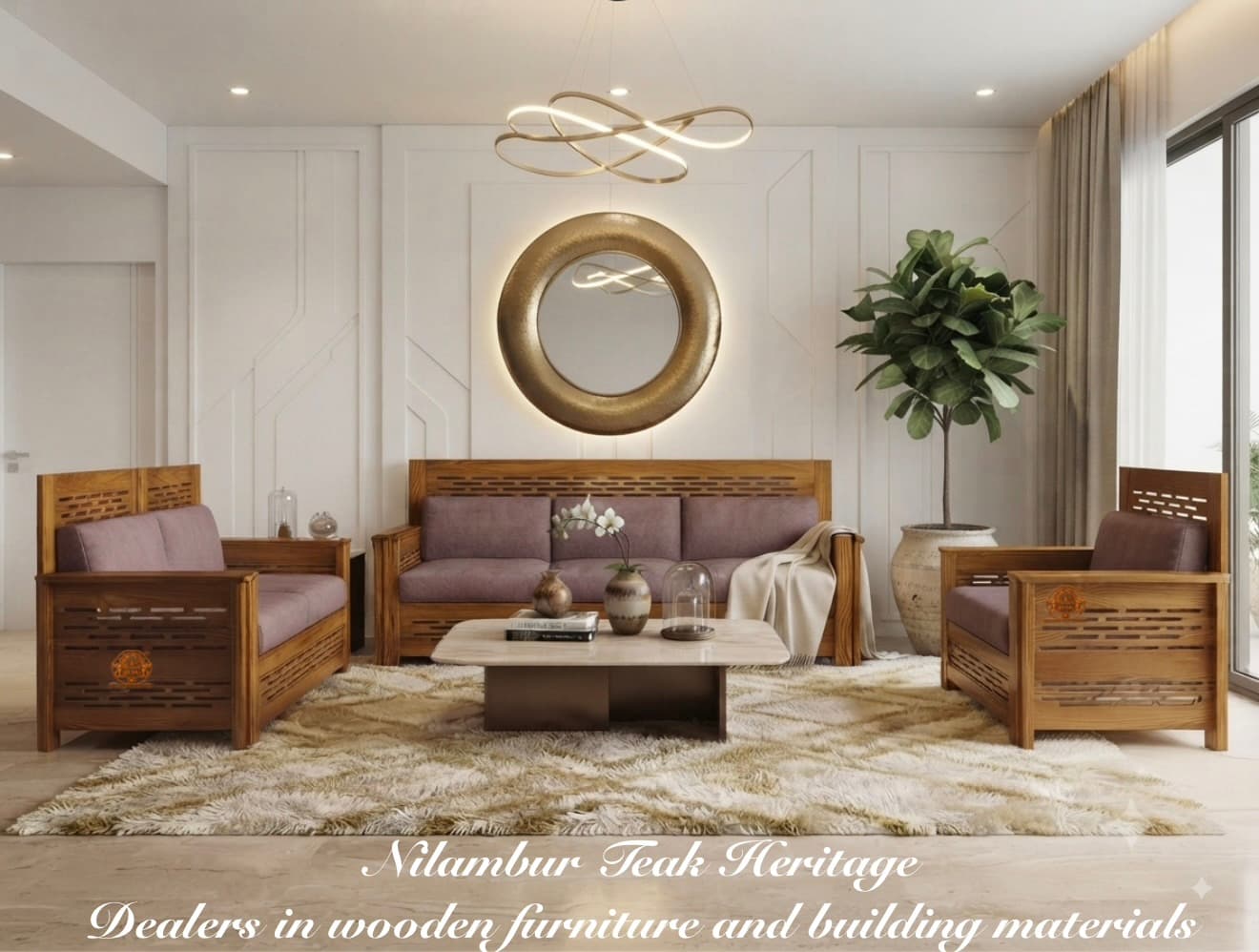 Royal Craft Solid Teak Wood 6-Seater Sofa Set (3 + 2 + 1) with Slotted Lattice Carving