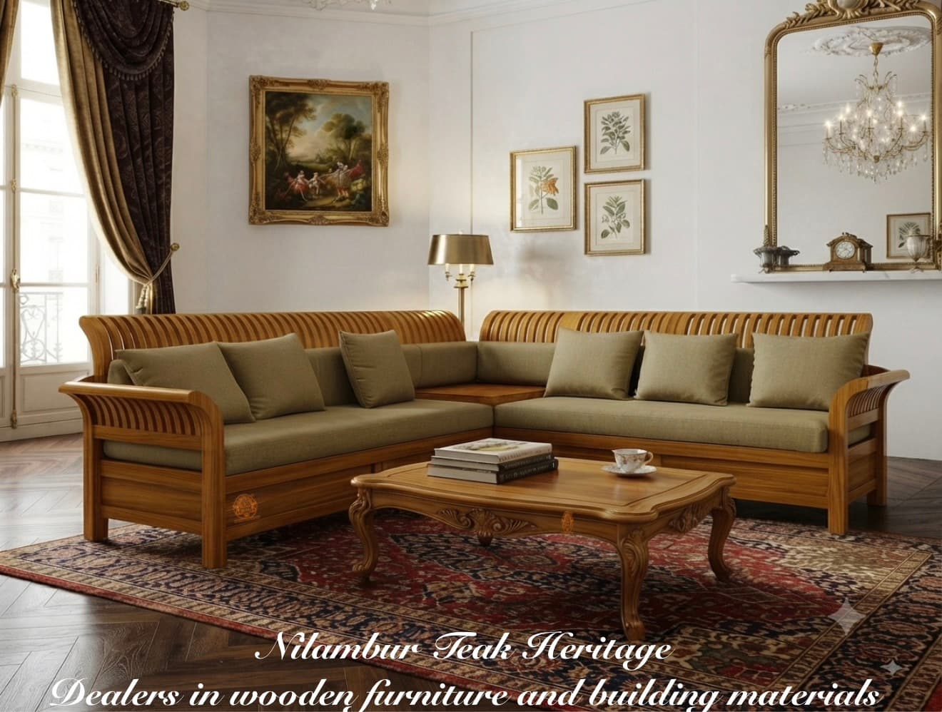 Heritage Grand Solid Teak Wood L-Shape Corner Sectional Sofa Set