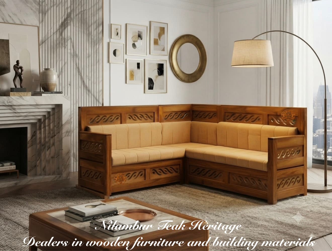 Heritage Wave Carved Solid Teak Wood L-Shape Corner Sectional Sofa