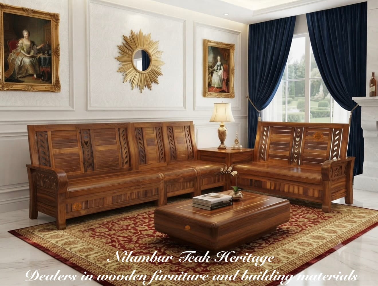 Royal Heritage Solid Teak Wood Living Room Sofa Set (5-Seater) with Coffee Table & Corner End Table