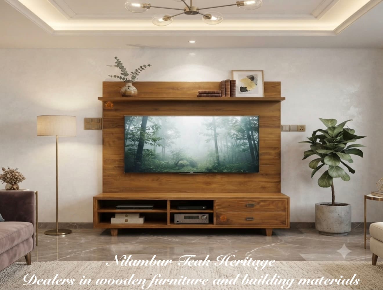 Royal Teak Wood Wall-Mounted Entertainment Unit & TV Cabinet with Top Display Shelf