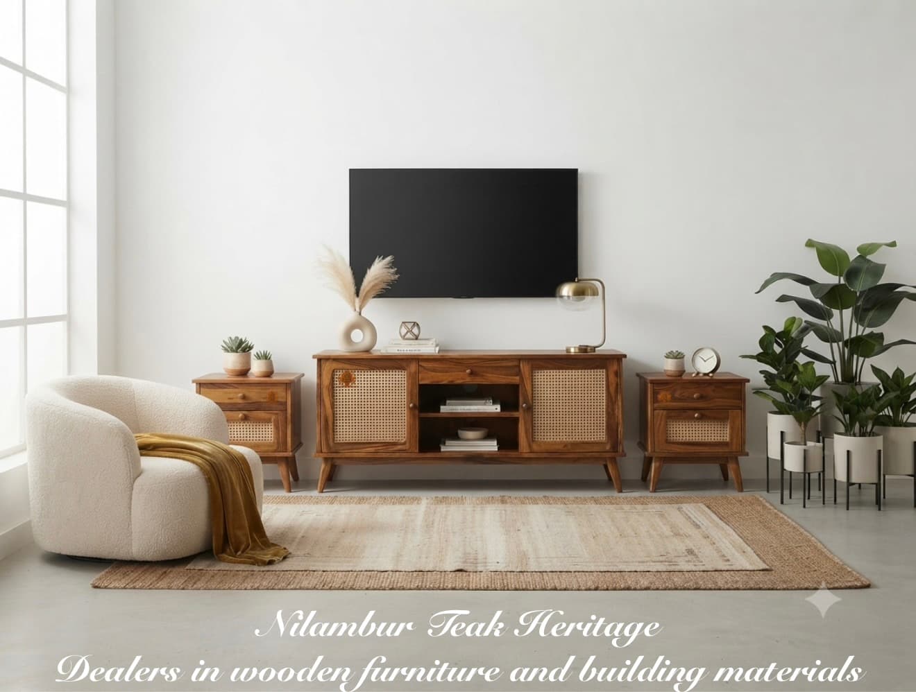Boho Mid-Century Solid Teak Wood TV Console with Hand-Woven Cane Cabinets