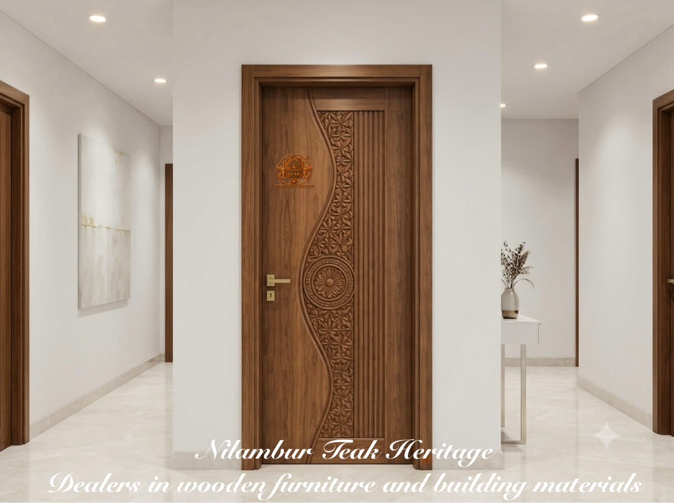 Royal Carved Premium Solid Teak Wood Door – Asymmetrical Floral Mandala & Fluted Panel Design
