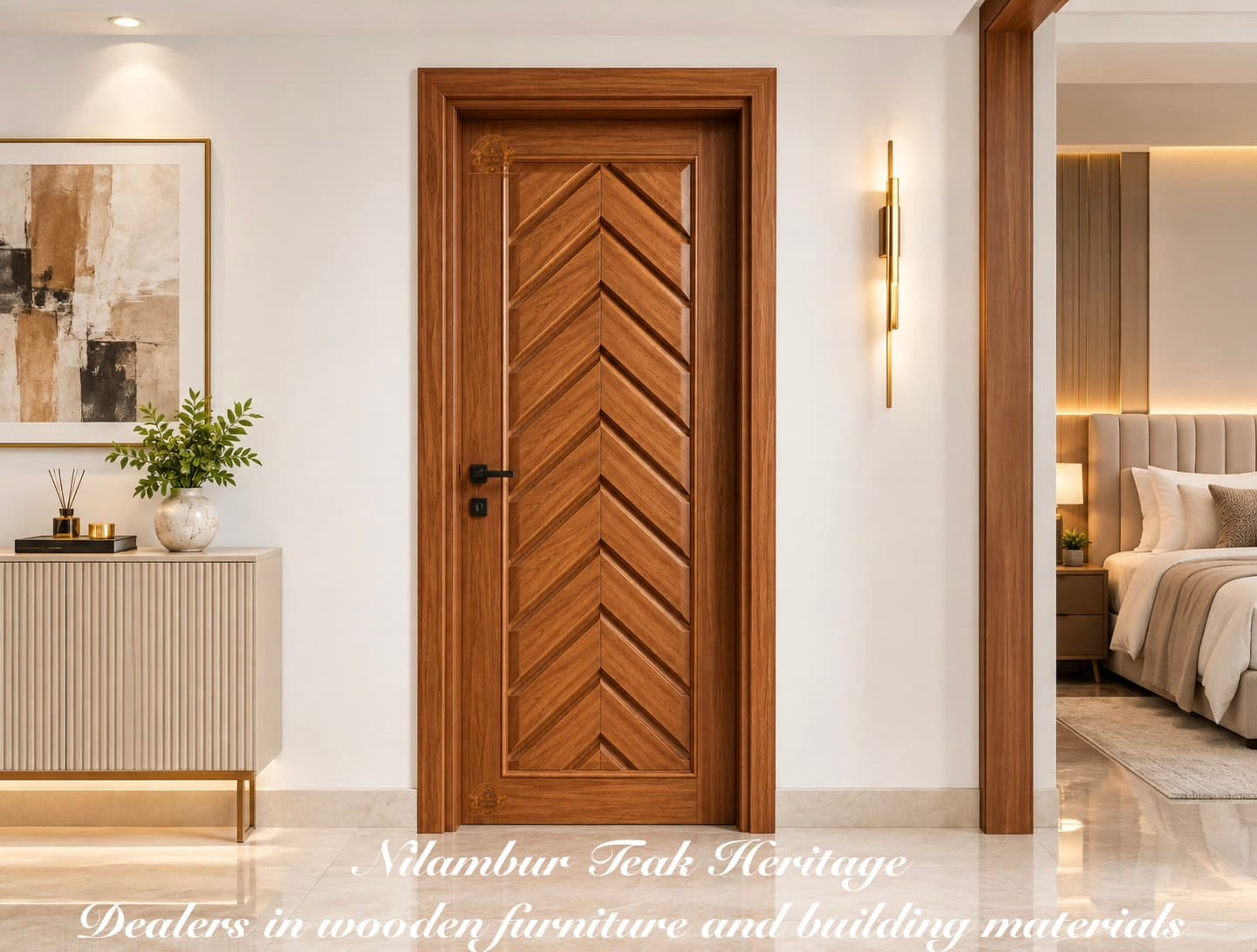 Modern Geometric Chevron Solid Teak Wood Door – Contemporary Herringbone Panel Design